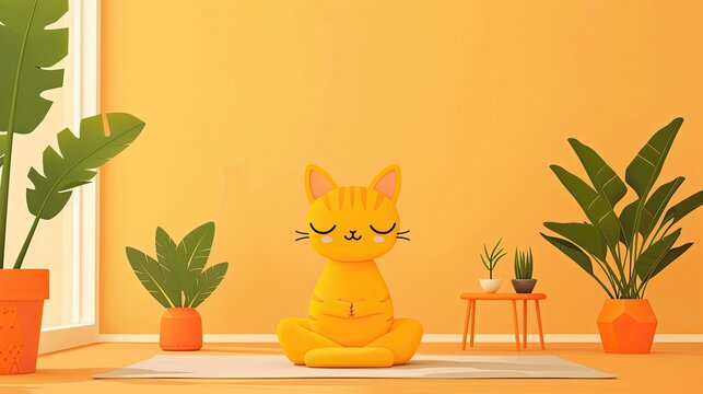 Cute cartoon cat meditating in peaceful room surrounded by plants