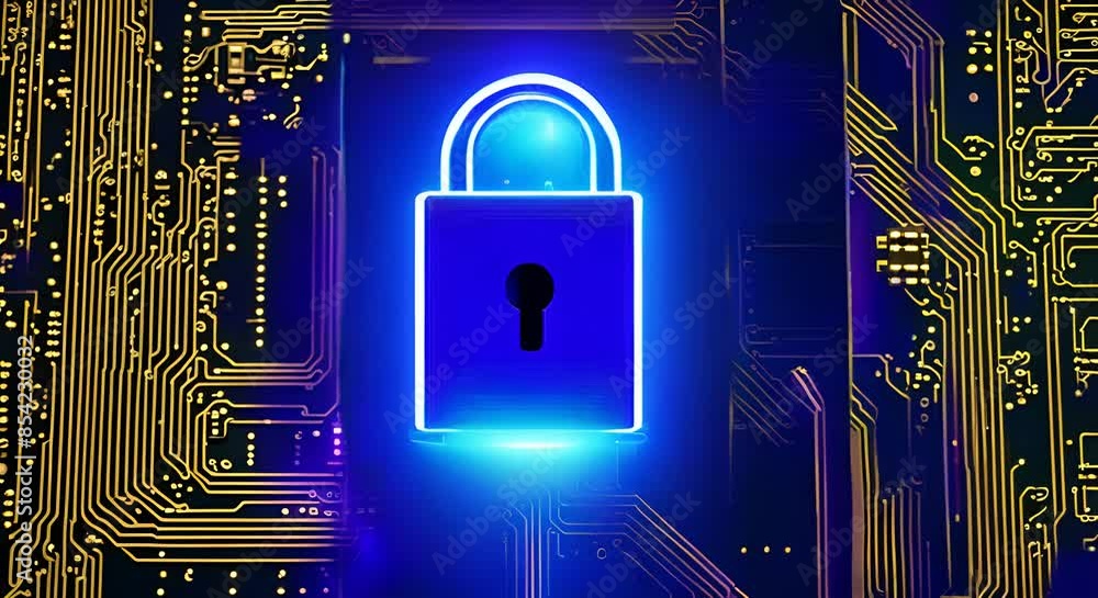 Poster golden padlock is glowing on top of a computer circuit board, symbolizing the concept of cybersecuri