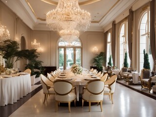 "Exquisite Dining Room Elegance: Classical Luxury with a View of Vintage Car Collection in Ambient Lighting"