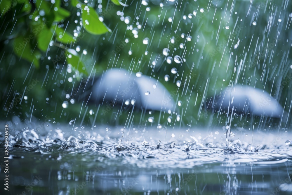 Poster high-speed photography freezes the action of raindrops hitting a water surface, creating circular ri