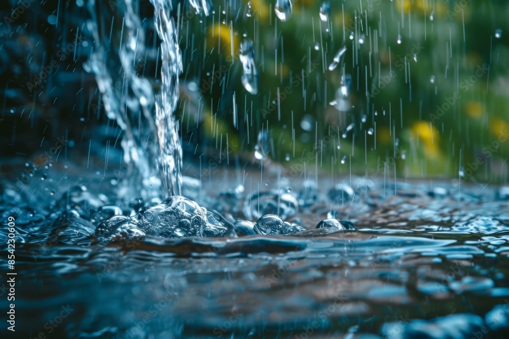 Fototapete Dynamic image capturing the movement of water as it impacts and splashes into a puddle, demonstrating fluidity