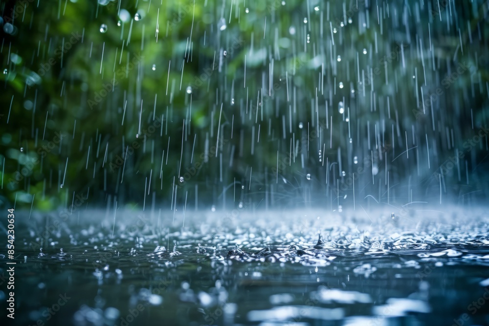 Aufkleber An image capturing the dynamic moment of raindrops hitting a water surface, creating ripples and splashes