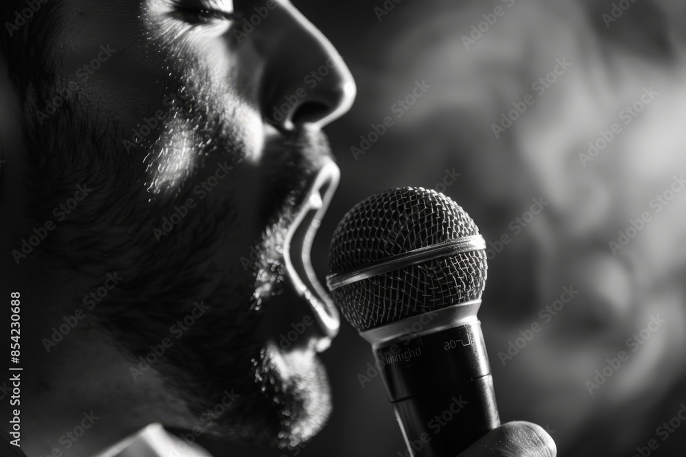 Poster partial view of a singer holding a microphone, focus on the mic, with a gradation of light to darkne