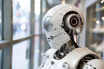 Fototapeta premium This modern and sleek white robot design features a glass dome head with intricate mechanical details visible