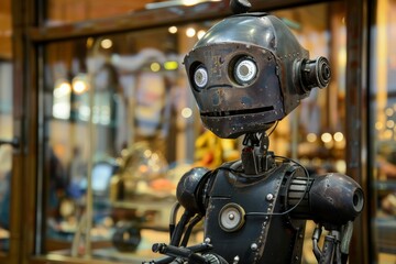 Fototapeta premium An old-fashioned black robot figure with a classic design and a rustic finish in a shop window display