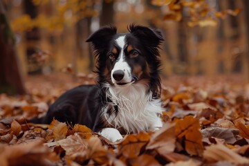 A regal Border Collie rests among fallen orange leaves displaying autumn's beauty