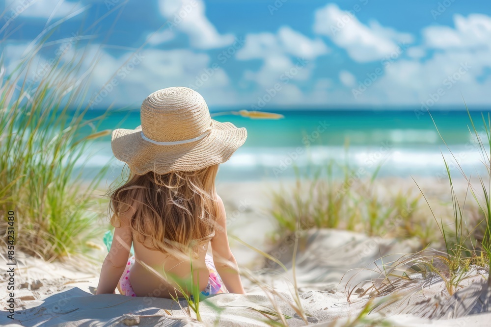 Wall mural A child in a straw hat sits on a beach, gazing towards the sea and clear blue sky