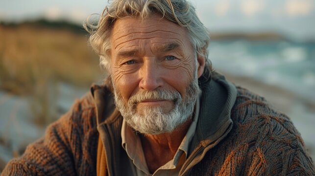 Handsome 70 year old man with beard, smiling warmly. Brown pullover, grey hair. Seashore is blurred in background, highlighting his happiness in aging and self-confidence. Happy baby boomer.