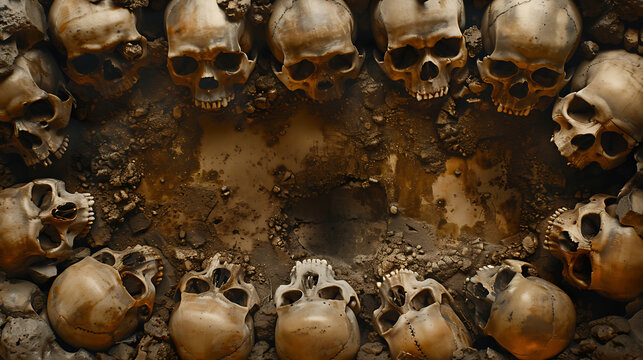 a thematic arrangement of human skulls forming a border around a central void, possibly for artistic or commemorative purposes