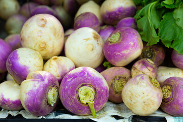 Closeup of pile of purple turnips in boxes at the farmers market