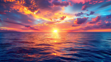 Fototapeta premium a panoramic sunset over the ocean, characterized by a vibrant sky with hues of orange, yellow, blue, and purple, accented by streaks of pink and red clouds