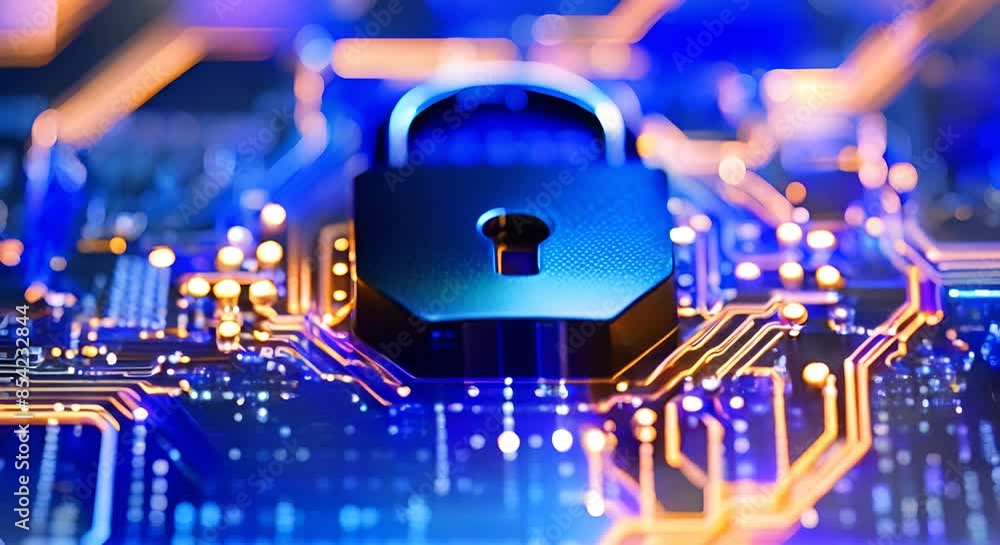 Poster padlock is securing a computer circuit board, representing the concept of digital security and data 