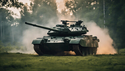army tank with green camo with fictitious design at a battle scene with fire all around it, war theme