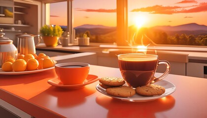 AI generated hot coffee and biscuits in a cozy kitchen setting, showcasing a warm and inviting breakfast scene with detailed and realistic digital rendering.