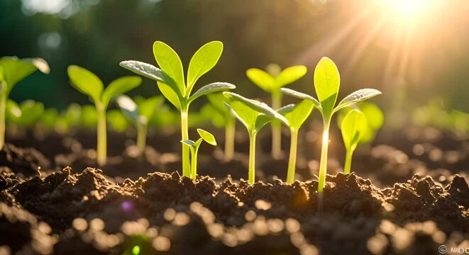 Small green plants grow happily in fertile soil as the sun sets, showcasing nature's wonders. Sprouting seedlings thrive in rows, symbolizing growth and hope in a sustainable, organic environment