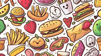 2d illustration featuring a playful and whimsical seamless pattern of cartoon food