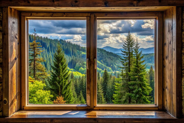 view from a window with a wooden frame to the forest and mountains from the hotel house in nature