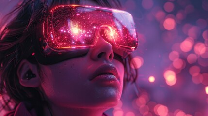 Generate an atmospheric illustration featuring VR goggles users experiencing immersive storytelling enhanced by AI animations and spinning holographic effects.