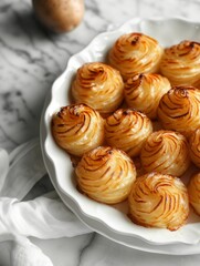Duchess potatoes in a white dish on a marble surface. Elegant appetizer and side dish concept.