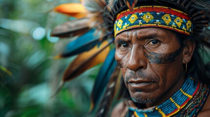 Obraz premium Indigenous man with tribal face paint and colorful headband against a blurred background