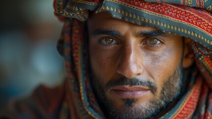 Obraz premium Portrait of a man with captivating eyes wearing a colorful traditional headscarf