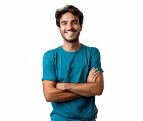 Fototapeta premium Portrait of a young hispanic man keeping arms crossed, wearing a blue t-shirt, isolated on white, he is smiling. 