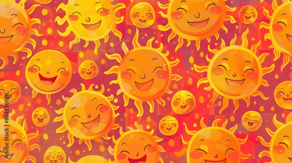 Poster an effortlessly charming design featuring a seamless pattern of smiling suns on a vibrant background