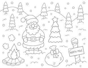 snowy day scene at christmas with santa claus, easy coloring page. you can print it on standard 8.5x11 inch paper