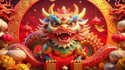 multicolored illustration of chinese dragon symbol new year.