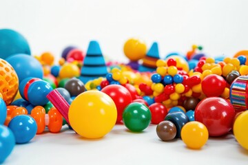 Colorful plastic toys pile with closeup on white background, children's playtime fun and happiness concept