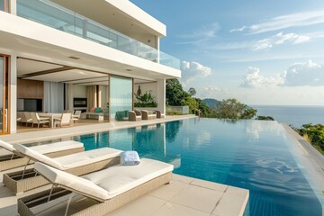 Fototapeta premium With its spacious layout and thoughtfully designed seating arrangements, the patio offers plenty of opportunities for socializing and entertaining, making it the ideal venue for gatherings by the pool