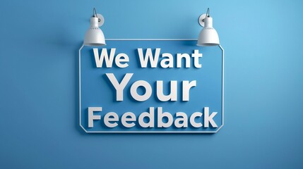We Want Your Feedback Sign Under Two Lamps on Blue Background