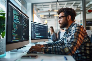 A man working at a desk with two computer screens analyzing business data and statistics in modern office setting
