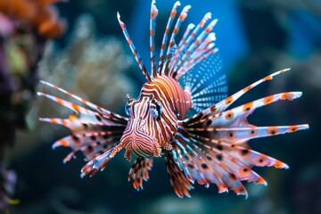 Red lionfish swimming in aquarium with colorful stripes