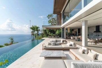Fototapeta premium The luxurious patio serves as a serene sanctuary where one can escape the hustle and bustle of everyday life, immersing themselves in the tranquility of the poolside oasis