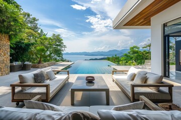 Fototapeta premium From chic loungers to stylish cabanas, every element of the patio's furniture ensemble is meticulously curated to provide both comfort and sophistication, ensuring an unparalleled poolside experience