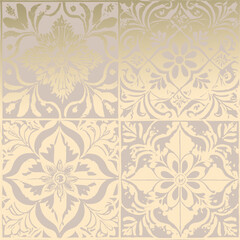Gold foil tile with arabesque beige print 