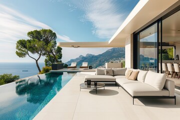 Fototapeta premium Whether enjoying a refreshing swim or lounging in the sun, guests can indulge in the ultimate luxury and comfort on the patio, surrounded by the soothing sounds of water and lush landscaping