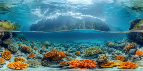 An immersive 360-degree panorama of a marine conservation area, where vibrant coral reefs and diverse ecosystems thrive under