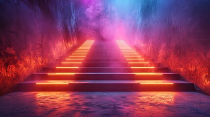 This conceptual image showcases a staircase illuminated by neon lights with smoke enveloping the scene for a mystical ambiance