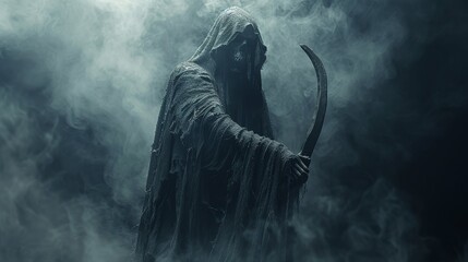 Fototapeta premium Sinister cloaked figure holding a scythe against a backdrop of ominous smoke