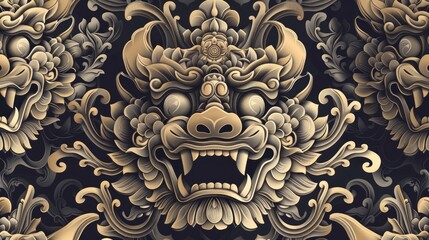 2d illustration of traditional Barong Masks representing a panther like creature set against a seamless background pattern originating from Bali Indonesia