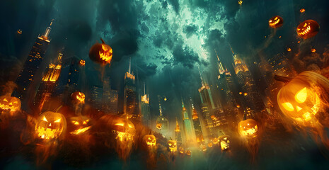 Obraz premium A cityscape with a lot of pumpkins and a dark sky