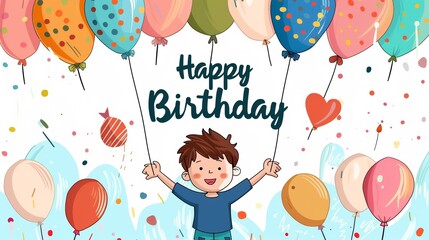 Cheerful birthday card featuring boy holding colorful balloons, white background with confetti