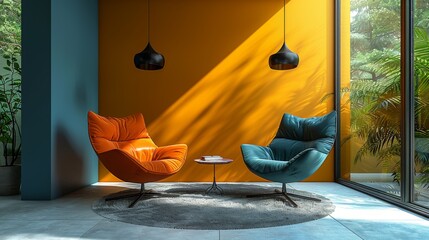 Orange and teal armchairs bathed in sunlight within a minimalist interior design