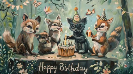Forest Animals Celebrate Birthday With Cake and Candles in Oil Painting