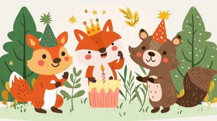 Naklejka premium Forest Animal Birthday Party With Cupcake and Candles