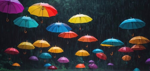 Different colored umbrellas fly through the air in rain and wind in bad weather