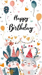 Obraz premium Happy Birthday Card Featuring Two Cute Rabbits Wearing Party Hats Surrounded by Balloons and Flowers