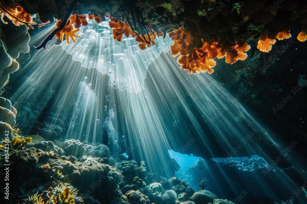 Poster Sunlight shining through surface of water creating beautiful rays in underwater cave